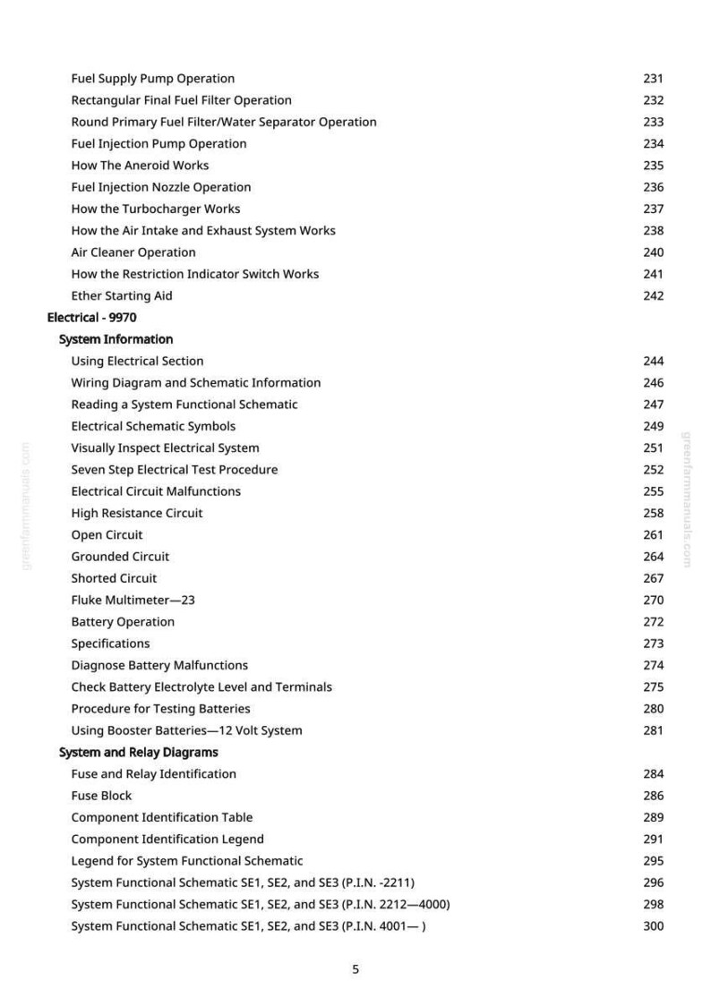 May include: A detailed table of contents from a manual, with a white background and black text. The topics include fuel systems, electrical systems, and relay diagrams. Page numbers are listed on the right.