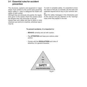 Puede incluir: P&aacute;gina de un manual sobre "Trabajo en seguridad". El texto incluye reglas de seguridad, prevenci&oacute;n de accidentes y un s&iacute;mbolo de advertencia. Un gr&aacute;fico triangular dice "&iexcl;Seguridad, siempre piensa antes de actuar!"
