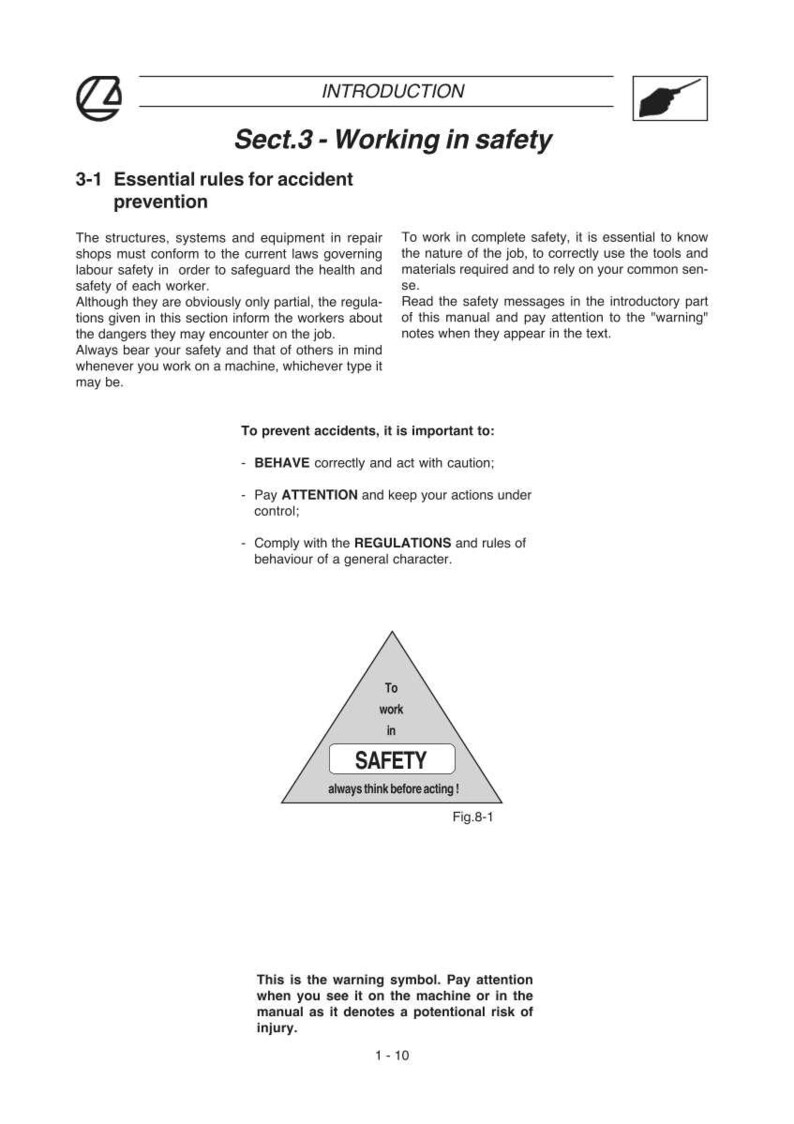 Puede incluir: P&aacute;gina de un manual sobre "Trabajo en seguridad". El texto incluye reglas de seguridad, prevenci&oacute;n de accidentes y un s&iacute;mbolo de advertencia. Un gr&aacute;fico triangular dice "&iexcl;Seguridad, siempre piensa antes de actuar!"
