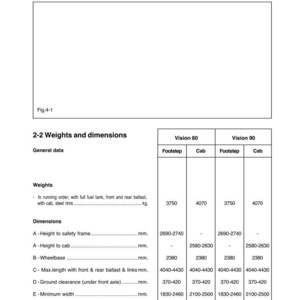 May include: A technical document titled "Tractor identification" with a table detailing weights and dimensions for Vision 80 and Vision 90 models. Measurements are in millimeters and kilograms.