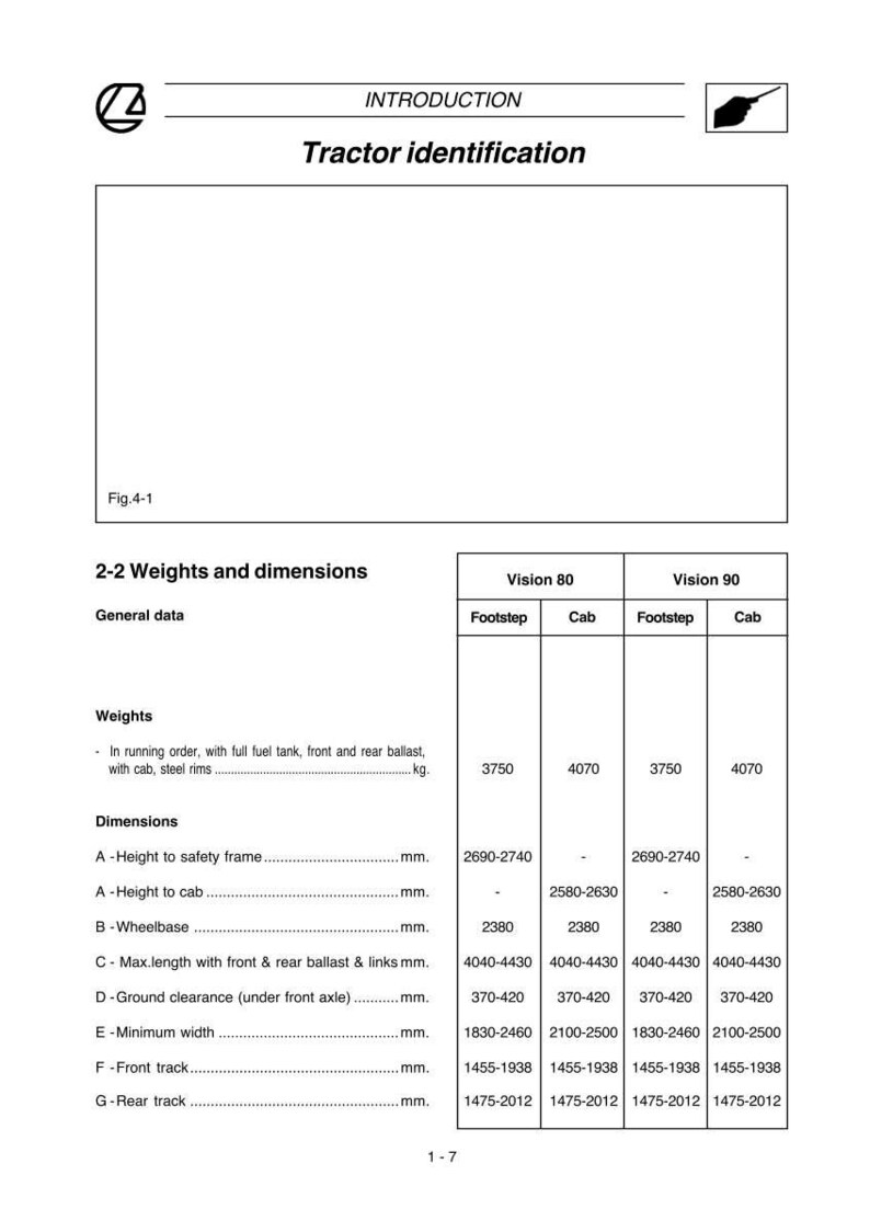 May include: A technical document titled "Tractor identification" with a table detailing weights and dimensions for Vision 80 and Vision 90 models. Measurements are in millimeters and kilograms.
