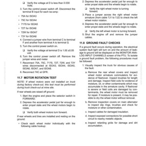 K&ouml;nnte beinhalten: Eine Seite aus einem Handbuch mit Anweisungen zur Fehlersuche in einem elektrischen System. Der Text enth&auml;lt Anweisungen f&uuml;r Motorrotationstests, Erdschlusspr&uuml;fungen und Inspektionen elektrischer Komponenten. Das Dokument tr&auml;gt den Titel "Statex III Electrical Checkout Procedure."