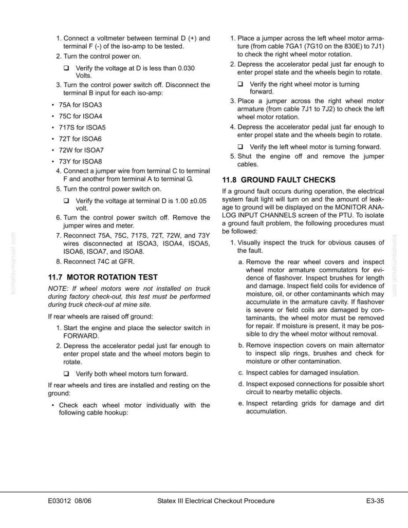 K&ouml;nnte beinhalten: Eine Seite aus einem Handbuch mit Anweisungen zur Fehlersuche in einem elektrischen System. Der Text enth&auml;lt Anweisungen f&uuml;r Motorrotationstests, Erdschlusspr&uuml;fungen und Inspektionen elektrischer Komponenten. Das Dokument tr&auml;gt den Titel "Statex III Electrical Checkout Procedure."