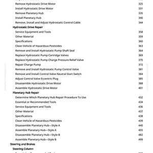 May include: A white printed page with a list of mechanical repair procedures, including "Install Hydrostatic Drive Pump" and "Planetary Hub Repair." The page also includes a table of contents with page numbers.