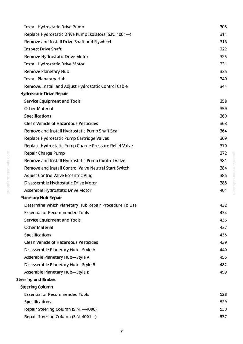 May include: A white printed page with a list of mechanical repair procedures, including "Install Hydrostatic Drive Pump" and "Planetary Hub Repair." The page also includes a table of contents with page numbers.