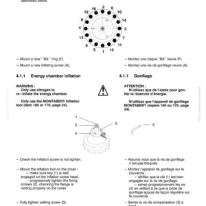 K&ouml;nnte beinhalten: Komatsu-Diagramm mit Anweisungen zur Energiekammer-Inflation. Enth&auml;lt ein kreisf&ouml;rmiges Diagramm mit nummerierten Punkten und detaillierten Schritten mit Illustrationen von Werkzeugen und Komponenten. Text auf Deutsch.