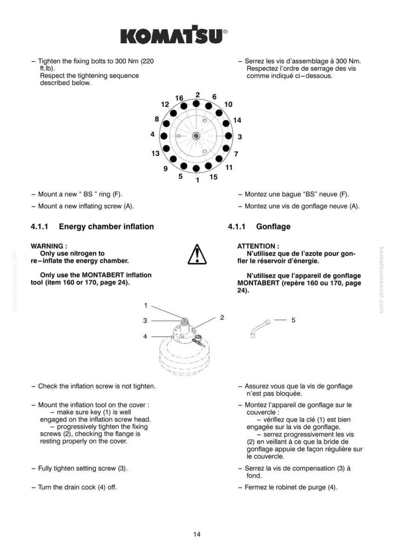 K&ouml;nnte beinhalten: Komatsu-Diagramm mit Anweisungen zur Energiekammer-Inflation. Enth&auml;lt ein kreisf&ouml;rmiges Diagramm mit nummerierten Punkten und detaillierten Schritten mit Illustrationen von Werkzeugen und Komponenten. Text auf Deutsch.