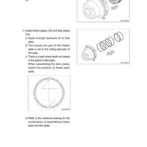 May include: Diagram of mechanical components with assembly instructions. Includes illustrations of parts like cylinder blocks, piston assemblies, and disk plates. Text instructions detail oil application and part alignment for proper assembly.