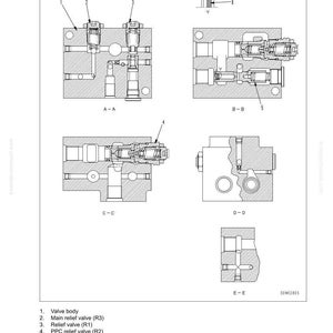 Puede incluir: Diagrama t&eacute;cnico de componentes hidr&aacute;ulicos, incluyendo cuerpos de v&aacute;lvulas y v&aacute;lvulas de alivio. La imagen incluye vistas en secci&oacute;n transversal y piezas numeradas, proporcionando una ilustraci&oacute;n detallada para el mantenimiento y la funci&oacute;n.