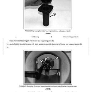 K&ouml;nnte beinhalten: Diagramm mechanischer Komponenten, einschlie&szlig;lich eines Kugellagers und einer Ausr&uuml;cklagerf&uuml;hrung. Das Bild zeigt den Montageprozess mit Beschriftungen und Anweisungen. Der Text enth&auml;lt "P12064-UN" und "P12065-UN" mit weiteren Details.