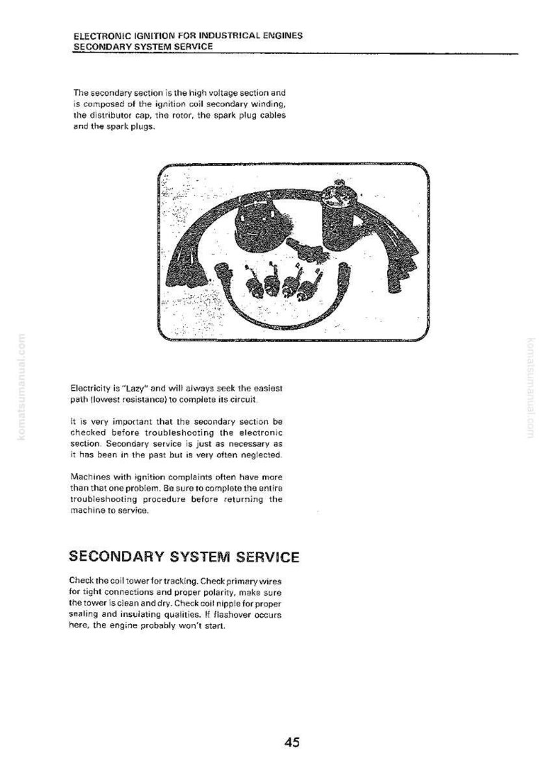 K&ouml;nnte beinhalten: Eine Abbildung aus einem Handbuch, das den Sekund&auml;rsystemdienst f&uuml;r elektronische Z&uuml;ndungen in Industriemotoren beschreibt. Das Bild enth&auml;lt Diagramme von Z&uuml;ndkomponenten und Erkl&auml;rungstext.