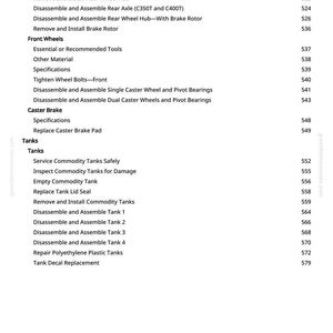 Pu&ograve; includere: Una pagina di manuale tecnico con un elenco di procedure di riparazione automobilistica. Il testo include istruzioni per bulloni delle ruote, assali, freni e serbatoi, con numeri di pagina.