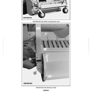 May include: Diagram of a roller compression unit, with close-up views of the roller bracket and lift arm. The image includes labels A, B, and C, and the text "KM1000740-UN: Roller compression unit" and "KM1001423-UN: Remove roller".