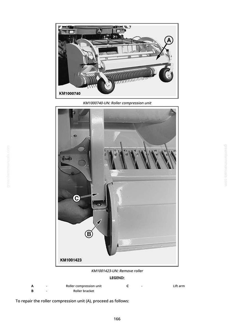 May include: Diagram of a roller compression unit, with close-up views of the roller bracket and lift arm. The image includes labels A, B, and C, and the text "KM1000740-UN: Roller compression unit" and "KM1001423-UN: Remove roller".