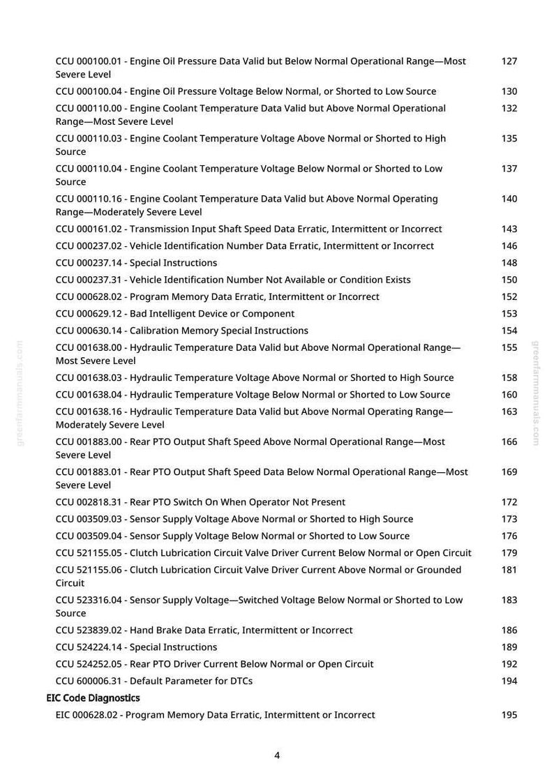 May include: A page from greenfarmmanuals.com displaying a list of CCU diagnostic codes. The text includes engine, coolant, and hydraulic temperature data, along with other vehicle system codes and their corresponding page numbers.