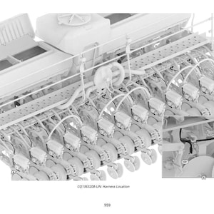 May include: An illustration of a white agricultural machine, likely a planter or seeder, with multiple rows of components. The image includes a detailed view of the harness location, with labels and a close-up inset.