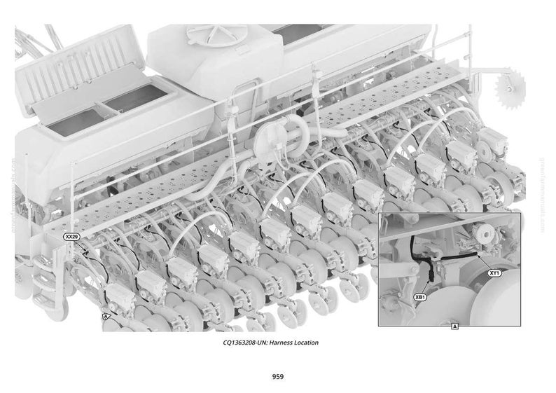 May include: An illustration of a white agricultural machine, likely a planter or seeder, with multiple rows of components. The image includes a detailed view of the harness location, with labels and a close-up inset.