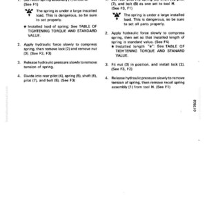 May include: A technical diagram with instructions for disassembling and assembling a recoil spring assembly. The text includes safety warnings about the spring's installed load and references to a table of tightening torque and standard value.