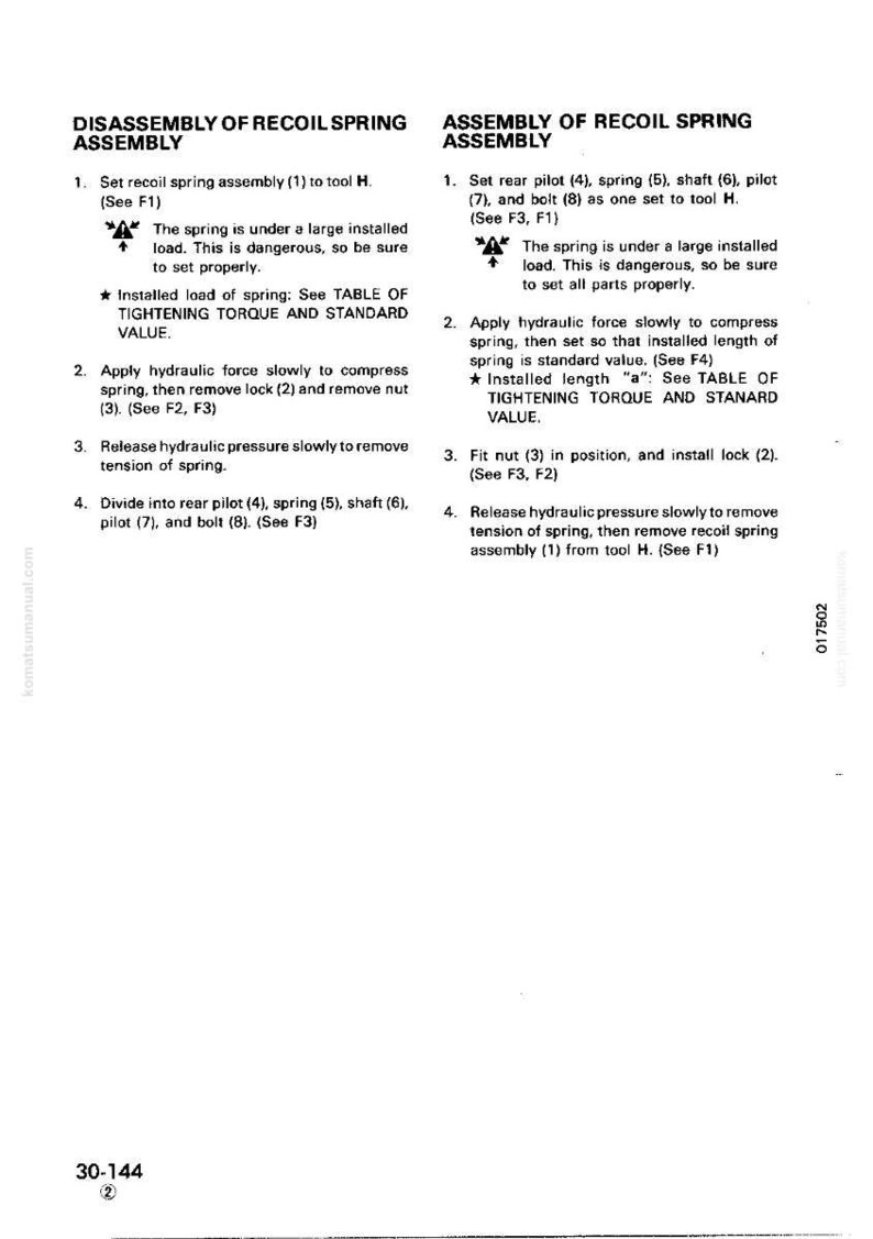 May include: A technical diagram with instructions for disassembling and assembling a recoil spring assembly. The text includes safety warnings about the spring's installed load and references to a table of tightening torque and standard value.