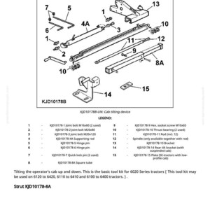 Op de afbeelding: Diagram van een cabine-kantelapparaat, KJD10178B, met verschillende onderdelen genummerd 1-15. Inclusief verbindingsbouten, scharnierpennen, een vierkante buis en een beugel. Tekst geeft aan dat de kit voor 6020-serie tractoren is.