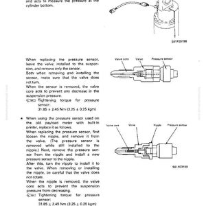 Op de afbeelding: Technisch diagram met de installatie van een druksensor op een veercilinder. Inclusief componentlabels, aanhaalmoment specificaties in Nm en kgm, en gedetailleerde tekeningen.