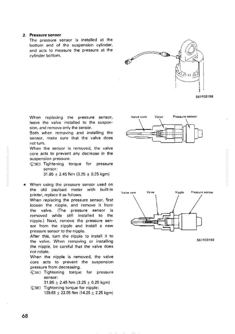 Op de afbeelding: Technisch diagram met de installatie van een druksensor op een veercilinder. Inclusief componentlabels, aanhaalmoment specificaties in Nm en kgm, en gedetailleerde tekeningen.