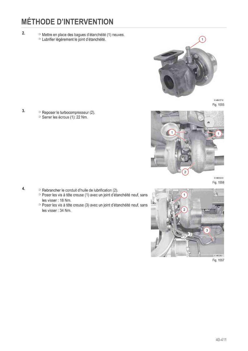 May include: Diagram of a turbocharger installation procedure with numbered steps and close-up images. Includes text in French, with measurements in Nm.
