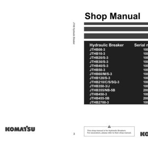 May include: A black and white shop manual page with the title "Shop Manual" and the Komatsu logo. The page lists hydraulic breaker models and serial numbers. The text "JTHB Hydraulic Breaker" is also visible.