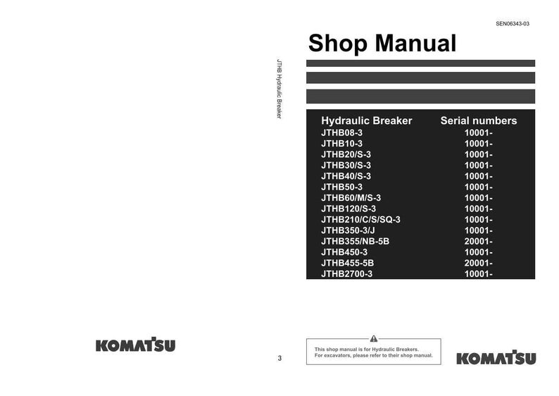 May include: A black and white shop manual page with the title "Shop Manual" and the Komatsu logo. The page lists hydraulic breaker models and serial numbers. The text "JTHB Hydraulic Breaker" is also visible.