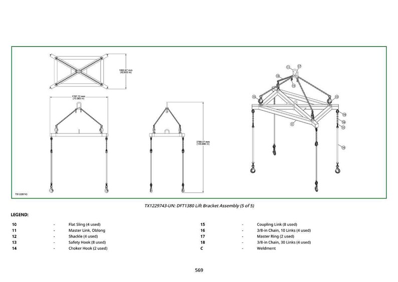 May include: Technical diagram of a lift bracket assembly, with various views and component labels. The assembly includes flat slings, master links, shackles, safety hooks, and choker hooks. Dimensions are provided in inches.