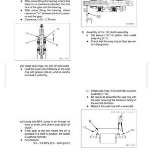 May include: Diagram of transmission assembly with labels and instructions. Includes illustrations of parts like thrust washers, snap rings, gears, and seal rings. Text includes measurements in millimetres and air pressure in MPa.