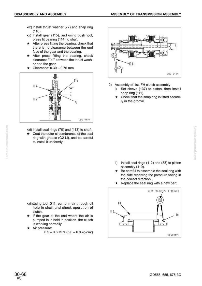 May include: Diagram of transmission assembly with labels and instructions. Includes illustrations of parts like thrust washers, snap rings, gears, and seal rings. Text includes measurements in millimetres and air pressure in MPa.