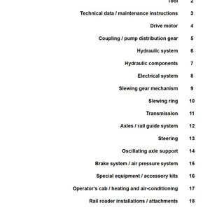 May include: A white document with a list of technical terms and numbers. Terms include "General", "Tool", "Drive motor", "Hydraulic system", "Electrical system", and "Transmission". The document appears to be a table of contents.