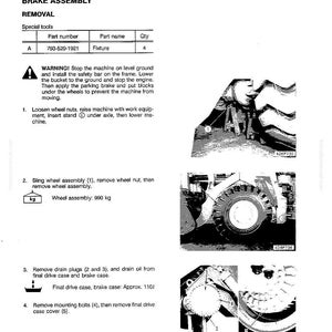 May include: A technical diagram detailing brake assembly removal. The document includes a parts list, safety warnings, and step-by-step instructions with accompanying illustrations of the machinery components. The wheel assembly weighs 2182.59 pounds.