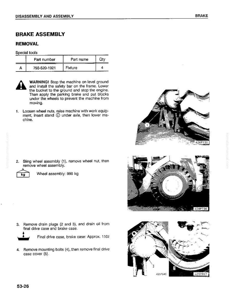 May include: A technical diagram detailing brake assembly removal. The document includes a parts list, safety warnings, and step-by-step instructions with accompanying illustrations of the machinery components. The wheel assembly weighs 2182.59 pounds.