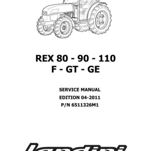Puede incluir: Dibujo lineal de un tractor con el texto "REX 80 - 90 - 110 F - GT - GE" encima de "SERVICE MANUAL EDITION 04-2011 P/N 6511326M1" y el logotipo de Landini.