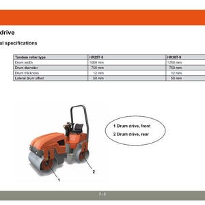 May include: An illustration of a tandem roller, a type of drum drive, with technical specifications. The roller is orange and gray, with a drum width of 1000 mm and 1250 mm. The image includes labels for the front and rear drum drives.