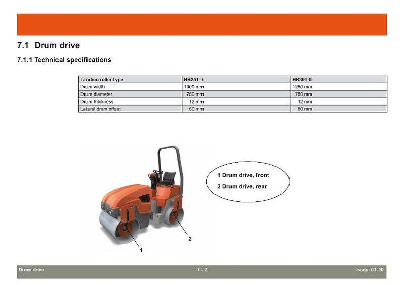 May include: An illustration of a tandem roller, a type of drum drive, with technical specifications. The roller is orange and gray, with a drum width of 1000 mm and 1250 mm. The image includes labels for the front and rear drum drives.