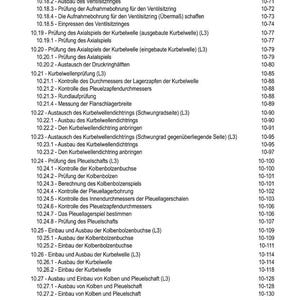 Pu&ograve; includere: Un sommario in tedesco, intitolato "INHALT", elenca varie ispezioni e procedure dei componenti del motore. Il documento include sezioni su sedi valvole, alberi motore e pistoni, con numeri di pagina per riferimento.