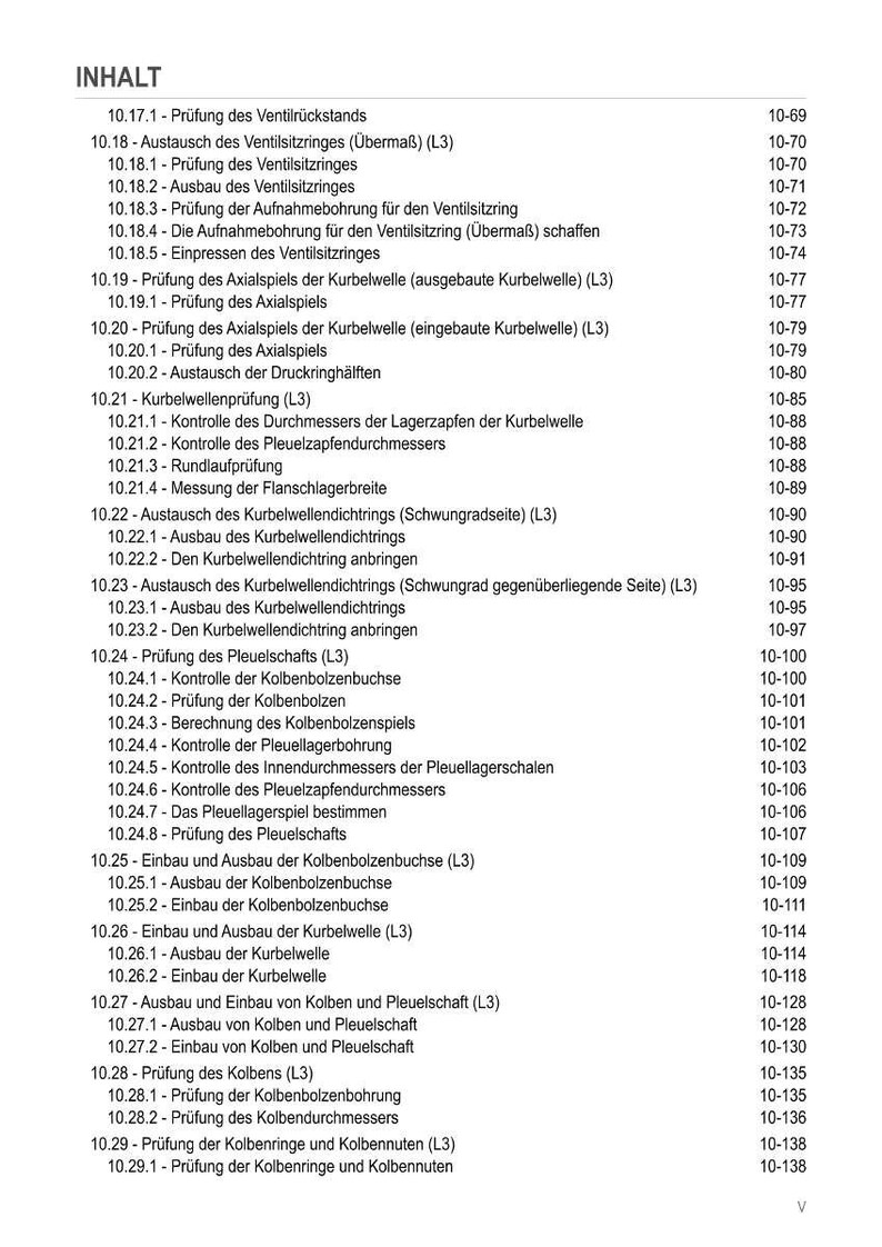 Pu&ograve; includere: Un sommario in tedesco, intitolato "INHALT", elenca varie ispezioni e procedure dei componenti del motore. Il documento include sezioni su sedi valvole, alberi motore e pistoni, con numeri di pagina per riferimento.