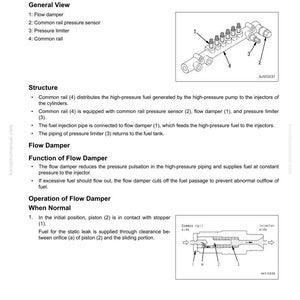 May include: Diagram of a fuel system's common rail structure, including a flow damper, pressure sensor, and limiter. The diagram is labeled with numbers and arrows, illustrating the fuel flow and components.