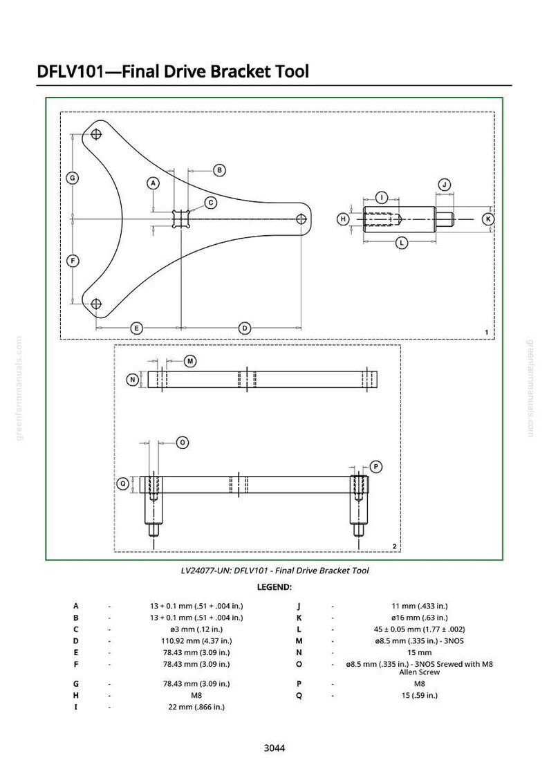 Pu&ograve; includere: Diagramma tecnico di uno strumento per staffa di trasmissione finale DFLV101. Il diagramma include misure in pollici e millimetri, con viste dettagliate dei componenti e delle dimensioni dello strumento. Il testo include la legenda e i numeri dei componenti.