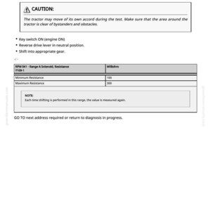 May include: A white document with the title "RPM 041 - Range A Solenoid, Resistance" and diagnostic instructions. Includes a caution about tractor movement during testing. Displays minimum and maximum resistance values in milliohms.