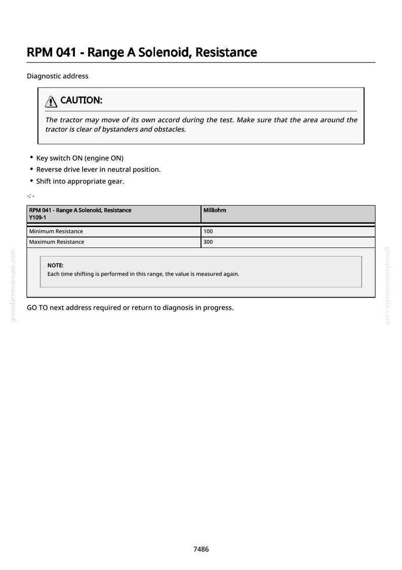 May include: A white document with the title "RPM 041 - Range A Solenoid, Resistance" and diagnostic instructions. Includes a caution about tractor movement during testing. Displays minimum and maximum resistance values in milliohms.