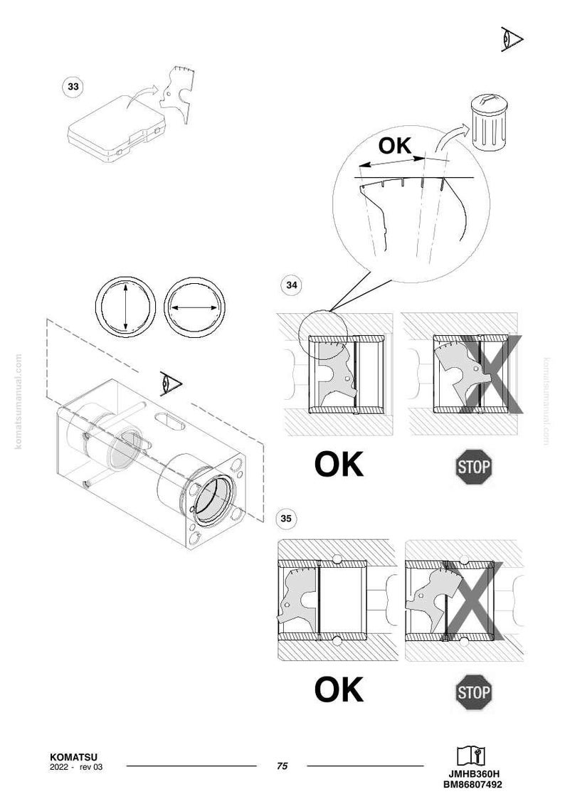 May include: Diagram of mechanical components with labels and instructions. Includes illustrations of parts, cross-sections, and symbols. Text includes "OK" and "STOP" indicators, and the Komatsu logo.