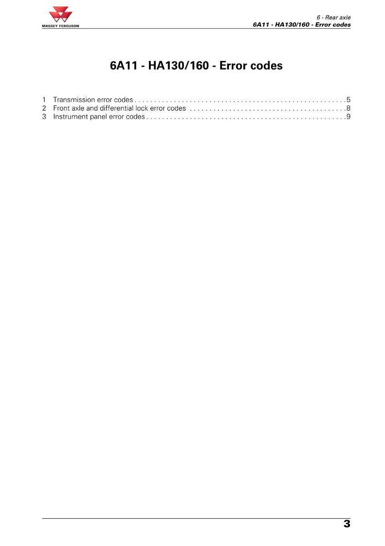 K&ouml;nnte beinhalten: Eine wei&szlig;e Seite mit dem Massey Ferguson-Logo und dem Text "6A11 - HA130/160 - Fehlercodes". Die Seite listet Fehlercodes f&uuml;r Getriebe, Vorderachse und Instrumententafel mit Seitenzahlen auf.