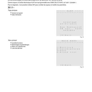 May include: Technical diagram with the title "IMPLANTATION &Eacute;LECTRIQUE" and text describing the HLHP software for diagnostic testing on 60XX COM3 series harvesters. Includes software version and emission date, plus a main menu with options.
