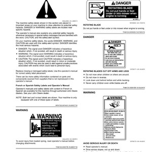May include: A page of safety labels with warnings and instructions. Includes a warning about rotating blades, and instructions to avoid serious injury or death. The labels are in black and white.