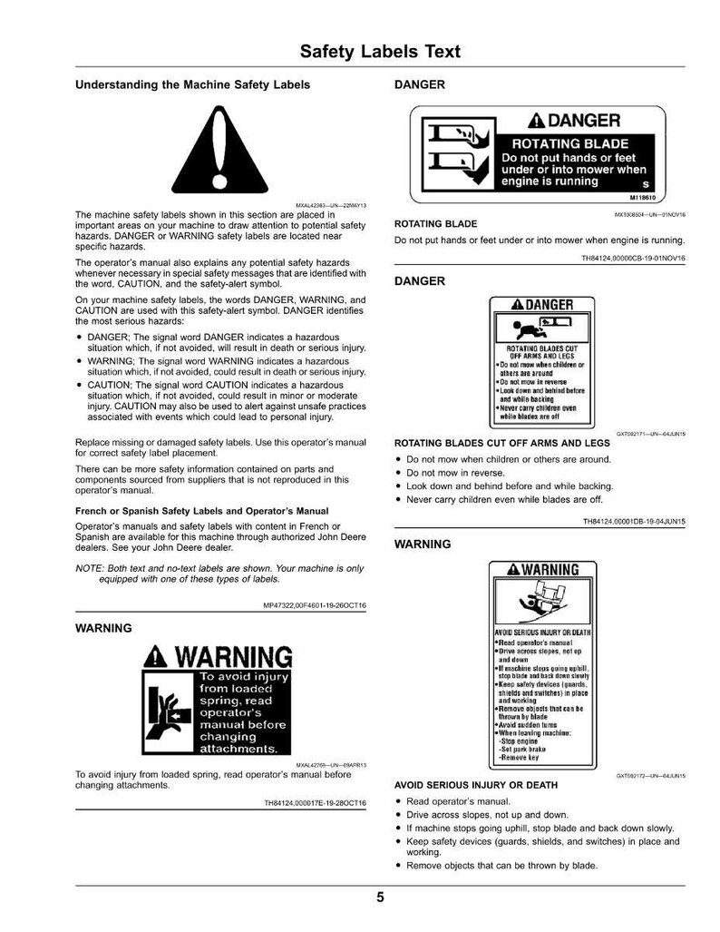 May include: A page of safety labels with warnings and instructions. Includes a warning about rotating blades, and instructions to avoid serious injury or death. The labels are in black and white.