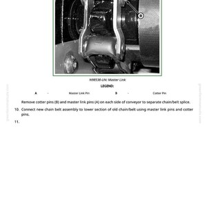 May include: Black and white diagram of a master link assembly, labeled with "N98538-UN: Master Link." The diagram includes labels for master link pins and cotter pins, with instructions for removing and connecting parts of a chain belt assembly.
